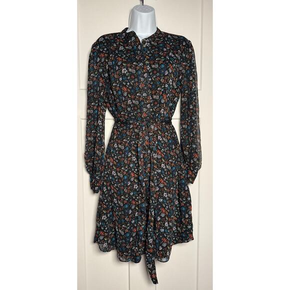UNTUCKit Marnie Shirt Dress Women’s Size 8 Black Floral Tie Waist Sheer Long Sl - Picture 1 of 12